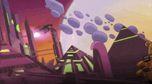 a cartoon drawing of a futuristic city with a pyramid