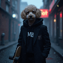 a dog wearing a black coat and a hoodie that says mb