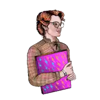 a cartoon of a woman wearing glasses holding a purple book .