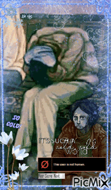 a painting of a man sitting on a bench with the words " it 's such a cold world " at the bottom