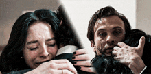 a man and a woman hugging each other with the woman crying