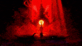 a painting of a person standing in front of a dragon with a red light coming out of it