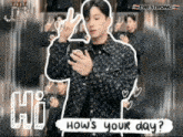 a man in a louis vuitton jacket takes a picture of himself with the words hi how 's your day