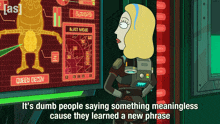 a cartoon of a woman standing in front of a screen that says queen decoy