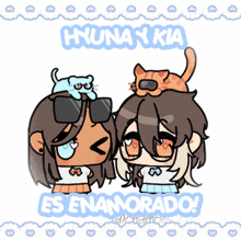 a cartoon drawing of a girl with a cat on her head and the words es enamorado