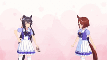 two anime girls are standing next to each other and one has a long tail