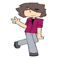 a cartoon of a boy in a pink shirt and grey pants