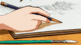 a drawing of a person 's hand with a pencil and a paint brush