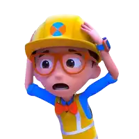 a cartoon character wearing a hard hat and glasses has his hand on his head