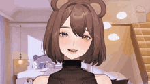 a girl with a teddy bear on her head looks at the camera