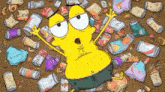 a yellow cartoon character is laying on the ground surrounded by trash .