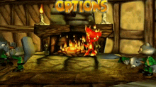 a video game screen shows a fireplace and the words options above it