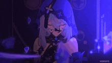 a girl with long white hair is standing in a dark room with a purple light coming out of her eyes .