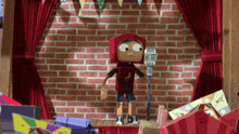 a cartoon character is standing on a stage with a microphone