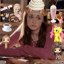 a picture of a girl with a cupcake on her head with the words cutie pie on the bottom