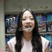 a woman wearing a headset with a question mark above her head
