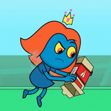 a blue cartoon character with red hair and a crown on her head