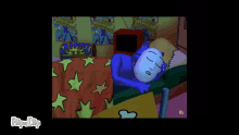 a blue cartoon character is sleeping in a bed