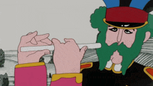 a cartoon of a man with a green beard is playing a flute