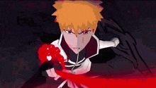 a cartoon character with orange hair is holding a red sword