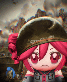 a drawing of a girl with pink hair and a helmet that says " mai loves art 02 " on it