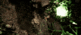 a green light is shining through a hole in the rocks
