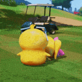 a cartoon duck is laying on the grass next to a golf cart and the words " meet duck " on the bottom