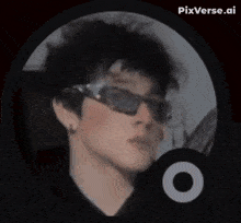 a man wearing sunglasses is in a black circle with pixverse.ai written in the corner