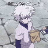 a cartoon character with white hair is holding a bag of food and a book .