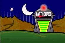 a cartoon of an earthquake institute with a crescent moon in the background