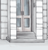 a drawing of a white house with a door and stairs