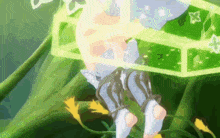 a cartoon character is surrounded by greenery and flowers .