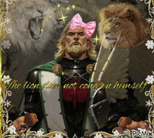a man in armor with a pink bow on his head and the words " the lion does not concern himself " on the bottom
