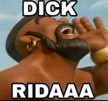 a man with a beard is drinking from a bottle with the words dick ridaaa on it