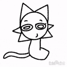 a black and white drawing of a cat with a star on its head and a long tail .