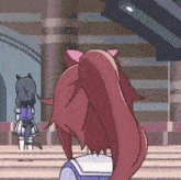 a cartoon of a girl with a ponytail standing next to a cat