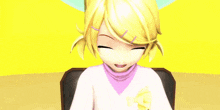 a girl with blonde hair is sitting in a chair holding a video game controller