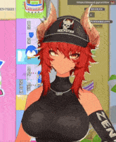 a girl with red hair and horns wears a rockstar hat