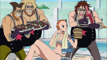 a woman in a bikini sits in a chair surrounded by a group of men