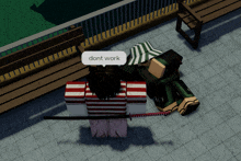 a video game character says " dont work " while holding a sword