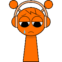an orange cartoon character wearing headphones and a sad face .