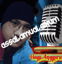 a man wearing glasses and a black hat is standing in front of a microphone with the words assalamualaikum written on it