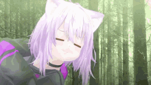 a 3d anime girl with purple hair and cat ears is standing in the woods with her eyes closed .