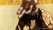 a cartoon of a man with long hair and blood on his face is being punched in the face .