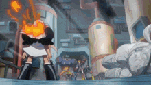 a cartoon character with a fireball coming out of his head