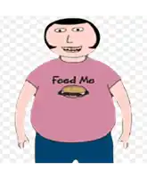 a cartoon of a man wearing a pink shirt that says feed me