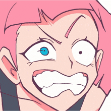 a cartoon drawing of a girl with pink hair and blue eyes making an angry face