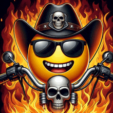 a smiley face wearing a cowboy hat and sunglasses rides a motorcycle