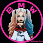 a girl in a harley quinn costume is in a pink circle with bmw written on it