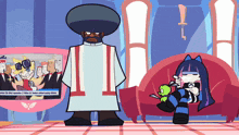 a cartoon of a man standing next to a girl sitting on a couch with cnn news on the screen